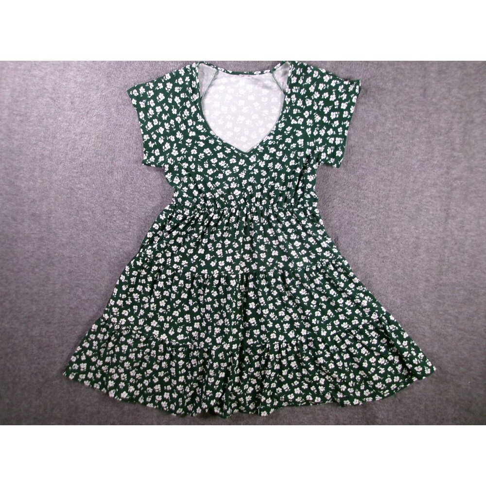 No Boundaries Dress Womens L Floral V Neck Short Sleeve Tiered Casual Green